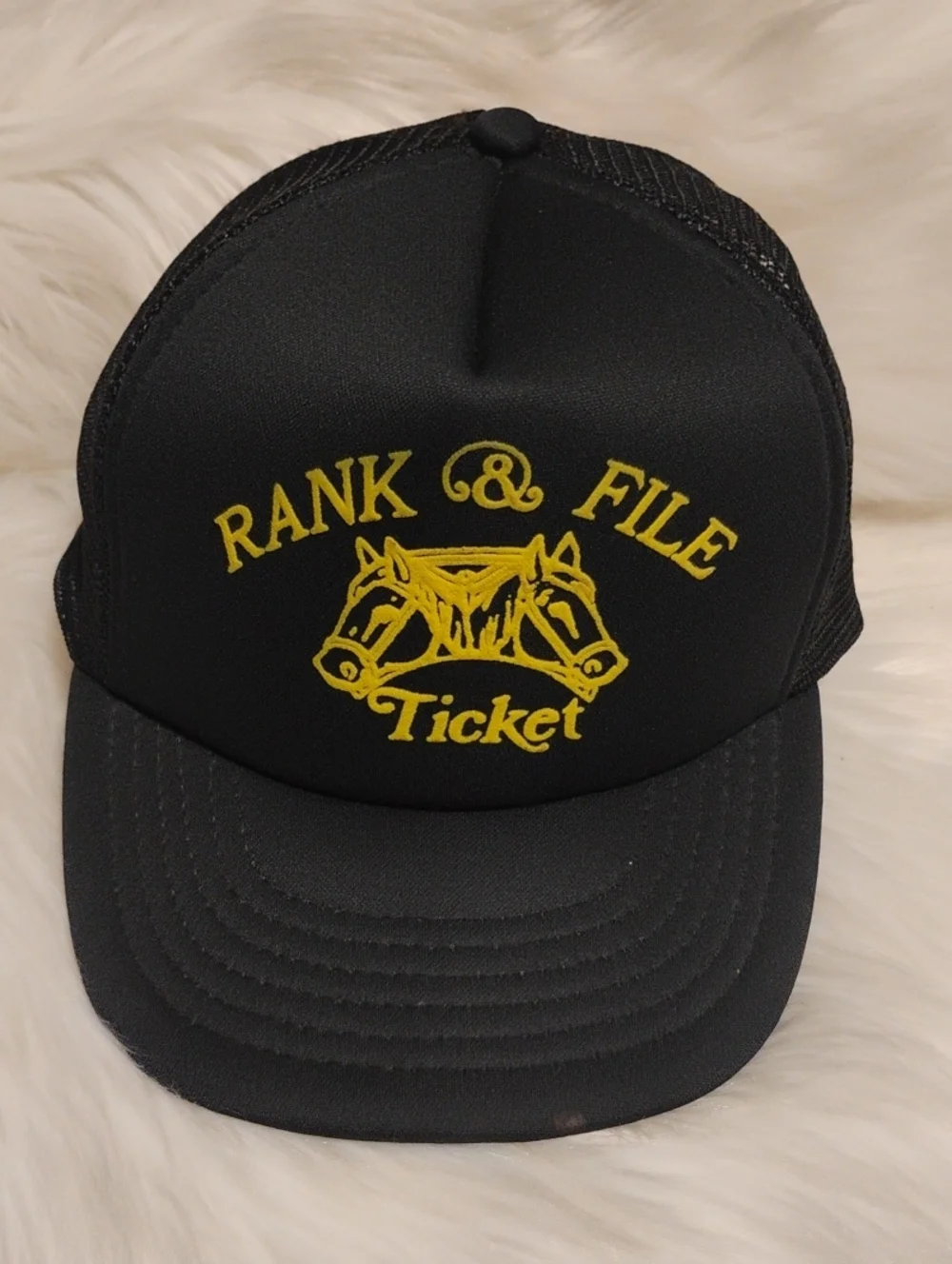(C-75) RARE! Rank & File Ticket Horse Heads Black/Yellow Trucker Hat